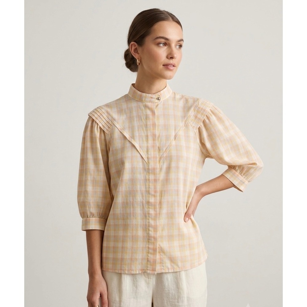 Betty Barclay Vintage Gingham Plaid Mandarin Collar Blouse Yellow Orange Cotton